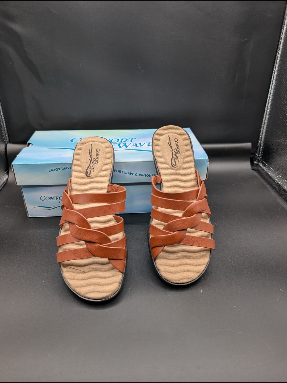 easy street Tan Braided Strap Slide Sandals NWOT